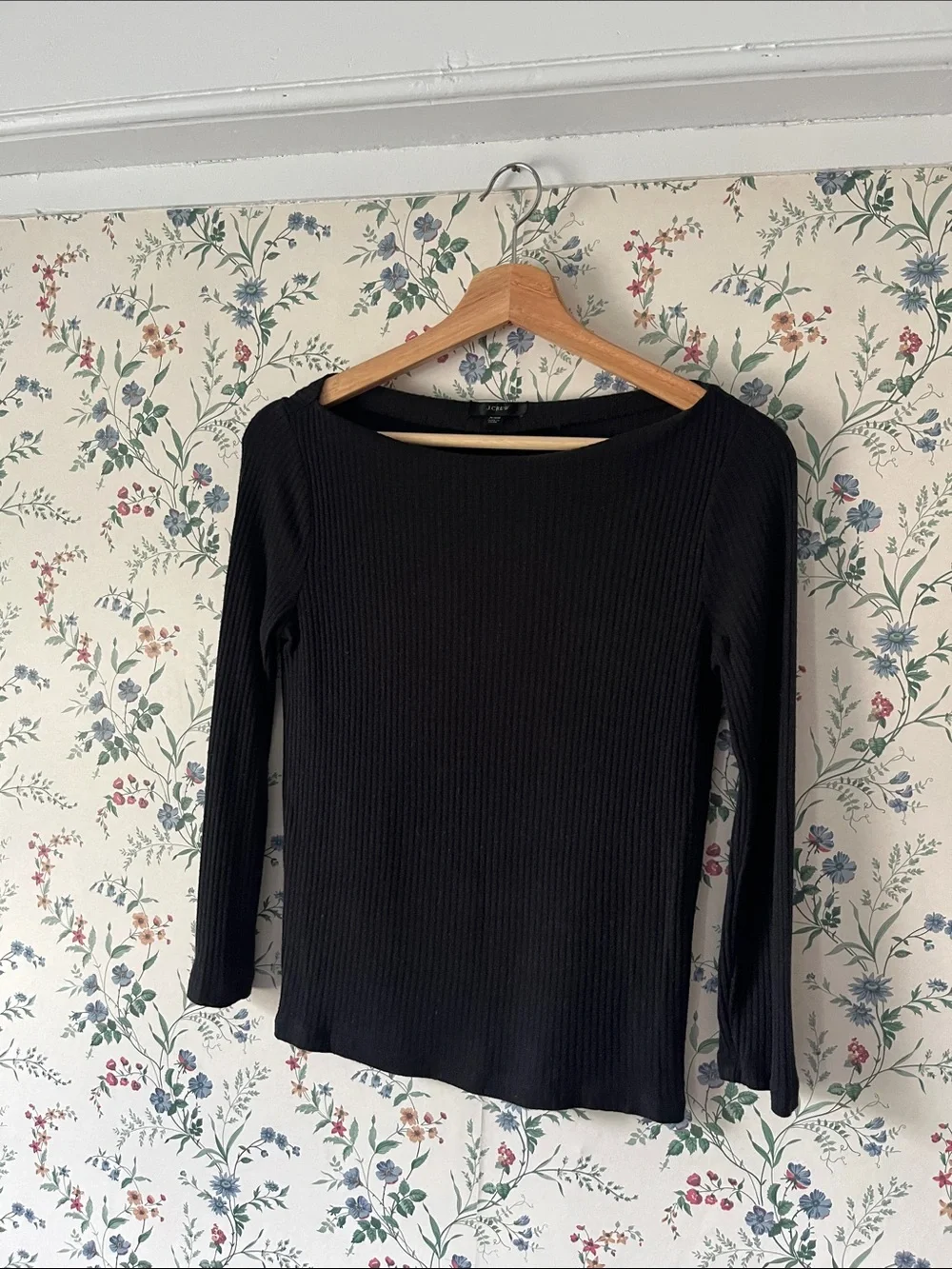 J Crew Ribbed Black 3/4 Long-Sleeve Top with boatneck